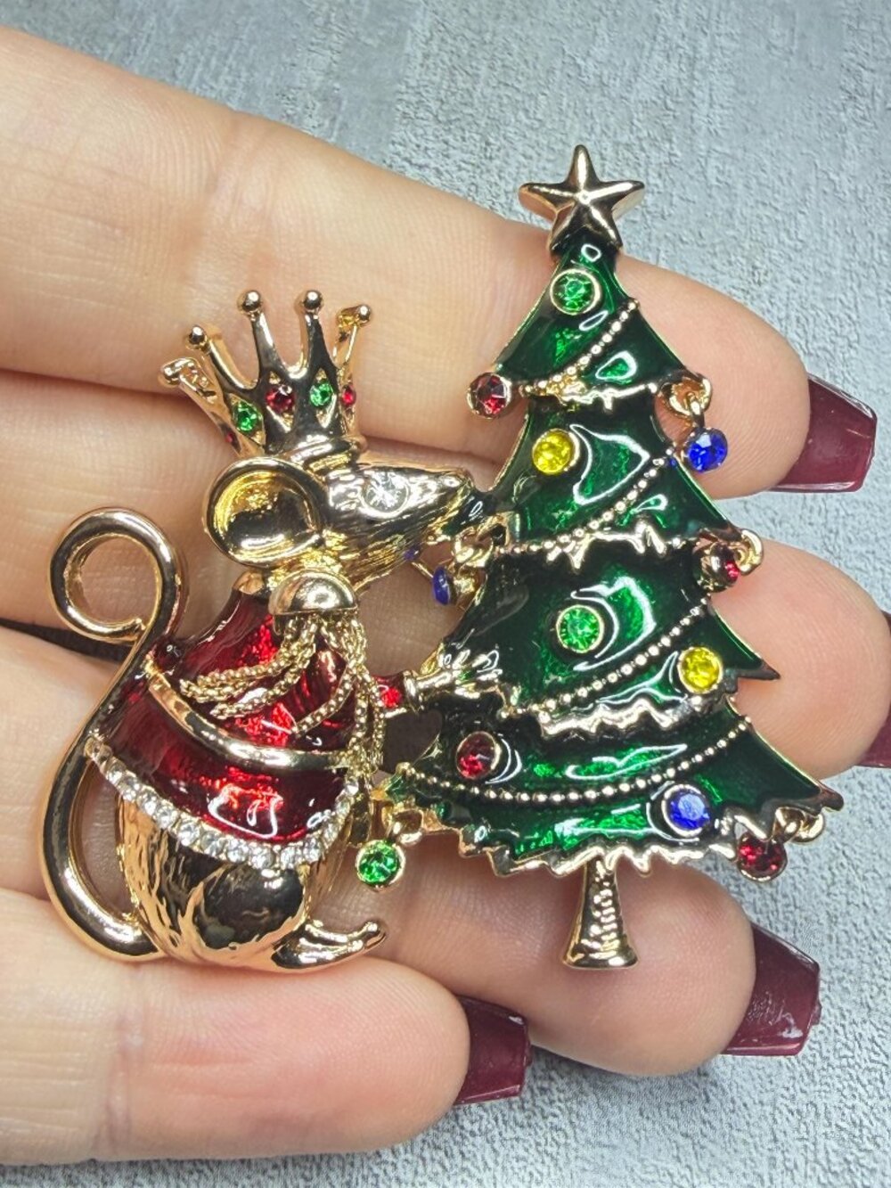 Napier Christmas Tree Mouse Brooch Rhinestones Vintage *PIN LOOSE*